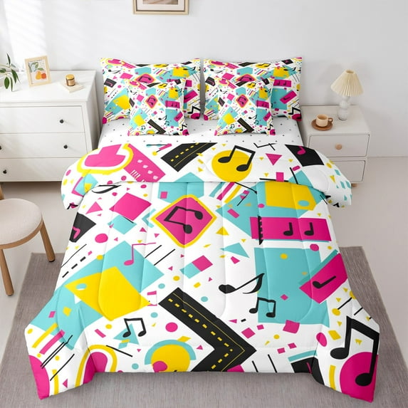 Manfei Mucical Note 7pcs Bedding Comforter Set,Multicolor Geometric Square Queen Bedding Sets,Pink Blue Circles Triangle Queen Sheet Sets For Girl,Microfiber Bedroom Decor Reversible