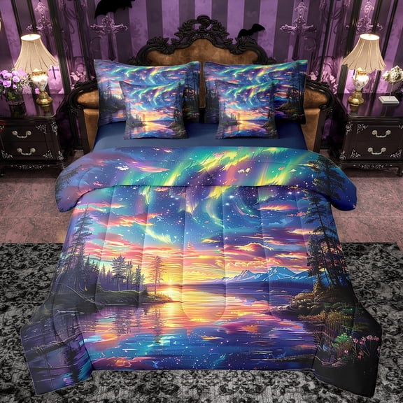Manfei Multicolor Aurora 7-Piece Bedding Comforter Set,Galaxy Starry Sky King Bedding Sets,Orange Sunset Bed Sheets For Men Women,Super Cozy Room Decor Reversible