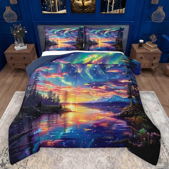 Manfei Multicolor Aurora Bedding Comforter Set,Galaxy Starry Sky Twin Comforter Sets,Orange Sunset Bedding Set For Men Women,Super Cozy Room Decor Reversible,2 Pieces