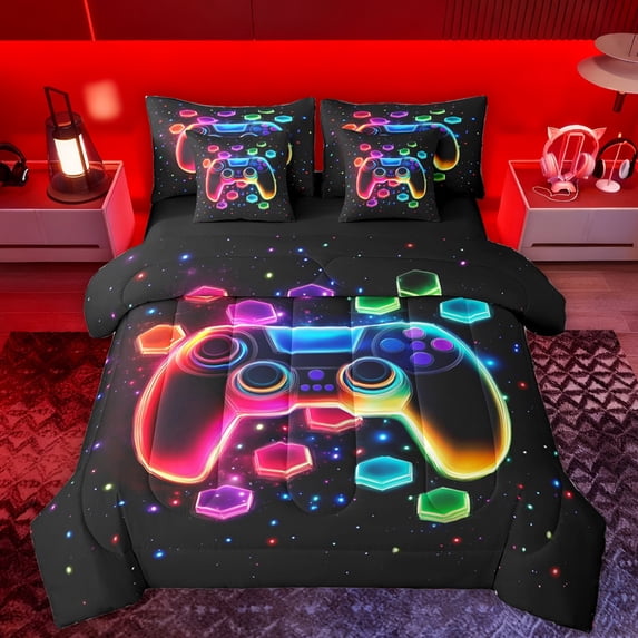 Manfei Multicolor Cartoon Console 7-Piece Twin Bedding Sets,Gamer Gaming Bedding Comforter Set,Rainbow 3D Hexagon Sheet Sets For Adults,Luxury Bedroom Decor Reversible