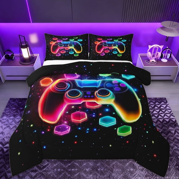 Manfei Multicolor Cartoon Console Queen Comforter Set,Gamer Gaming Bedding Sets,Rainbow 3D Hexagon Bedding Comforter Set For Adults,Luxury Bedroom Decor Reversible,3-Piece