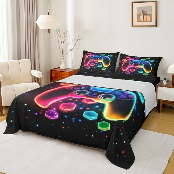 Manfei Multicolor Cartoon Console Twin Sheet Sets,Gamer Gaming Twin Fitted Sheet,Rainbow 3D Hexagon Flat Sheet For Adults,Luxury Bedroom Decor,3 Pieces