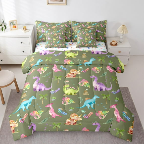 Manfei Multicolor Cartoon Dinosaur Bedding Comforter Set 7 Pieces,Wild Aniaml Full Bedding Set,Tropical Plant Monstera Fitted Sheet Flat Sheet For Boys Kids,Ultra Soft Home Decor Reversible