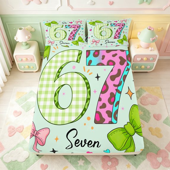 Manfei Multicolor Cute Bowtie Fitted Sheet Full,Cartoon Number Six Seven Bed Set,3-Piece,1 Fitted Sheet and 2 Pillowcases