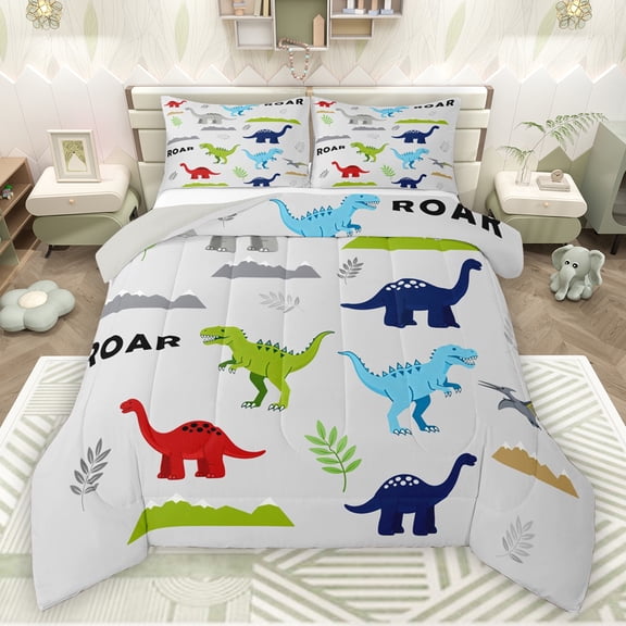 Manfei Multicolor Dinosaur Bedding Comforter Set,Cute Cartoon Dino Twin Comforter Sets,Ancient Wild Aniaml Bedding Set For Boy,Super Cozy Room Decor Reversible,2 Pieces