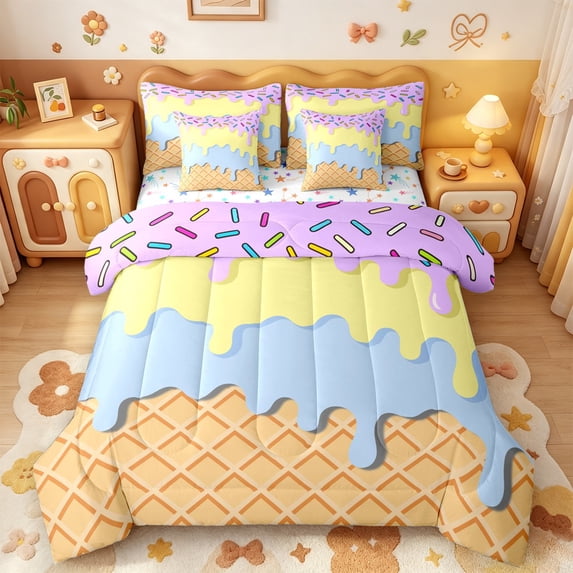 Manfei Multicolor Drip Cream 7-Piece King Bedding,Abstract Geometric Rhombus King Bed in a Bag,Colorful Stars Reversible