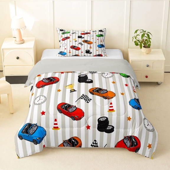 Manfei Multicolor Toy Cars Twin Comforter Sets,Cute Striped Print Bedding Set,Red,Light Gray Reversible,2-Piece,1 Comforter and 1 Pillowcase
