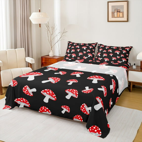 Manfei Mushroom Bed Sheets,Rustic Flower Floral King Sheets,Red Black Sheet Set For Girl Kids,Super Cozy Room Decor,4-Piece