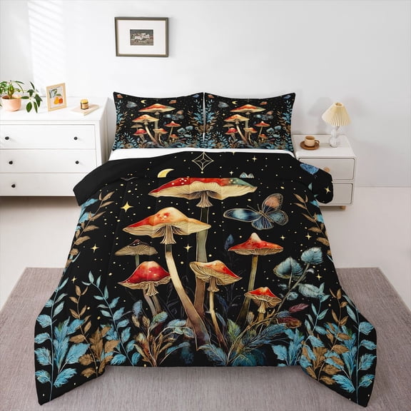 Manfei Mushroom Butterfly Bedding Comforter Set 2pcs for Boys Girls,Bohemian Theme Twin Comforter Sets Microfiber,Starry Sky Breathable Bedding Set,Super Cozy Room Decor,Reversible