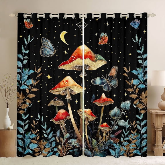 Manfei Mushroom Butterfly Black Out Curtains for Boys Girls,Bohemian Theme Curtains Pack of 2 (42x63 Each),Starry Sky Bedroom Curtains,Super Cozy Room Decor