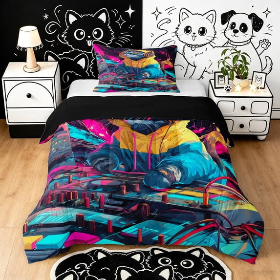 Manfei Music Cat Twin Comforter Sets, Cartoon Animal Bedding Set, Black Blue, Black Reversible, 2 Pieces, 1 Comforter and 1 Pillowcase