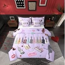 Manfei Music Fans Guitar Twin Bedding Sets 7-Piece,Musical Themed Bedding Comforter Set,Girly Guitar Keyboard Sheet Sets For Children,Luxury Bedroom Decor