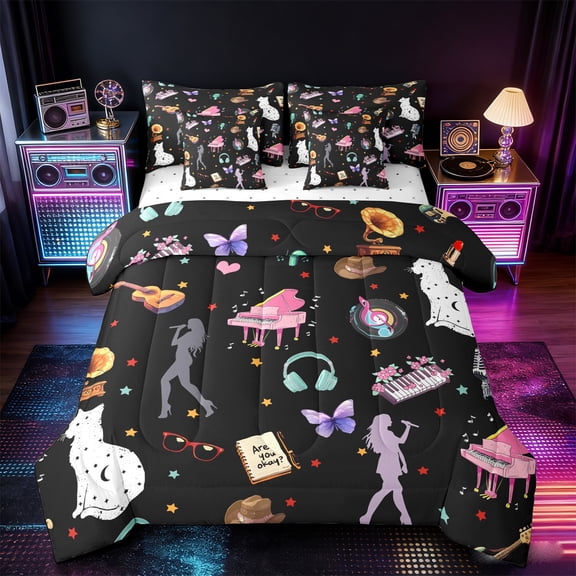 Manfei Music Girl Twin Bedding Sets 7-Piece,Musical Instruments Pinao Bedding Comforter Set,Cute Cat Sheet Sets For Princess,Ultra Soft Home Decor