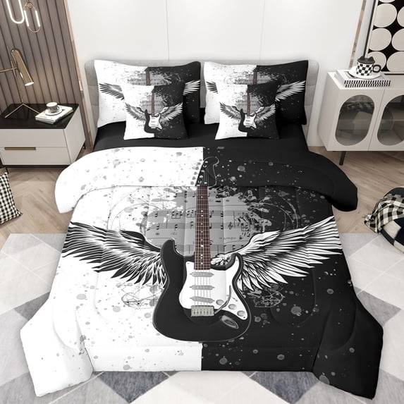 Manfei Music Guitar 7-Piece Bedding Comforter Set,Musical Instrument King Bedding Sets,White Black Bed Sheets For Girls Kids,Microfiber Bedroom Decor Reversible
