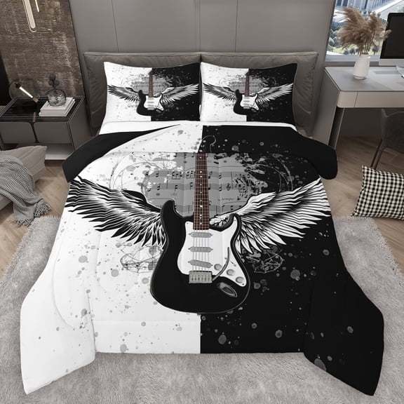 Manfei Music Guitar Full Size Comforter Sets,Musical Instrument Bedding Comforter Set,White Black Bedding Sets For Girls Kids,Microfiber Bedroom Decor Reversible,3 Pieces