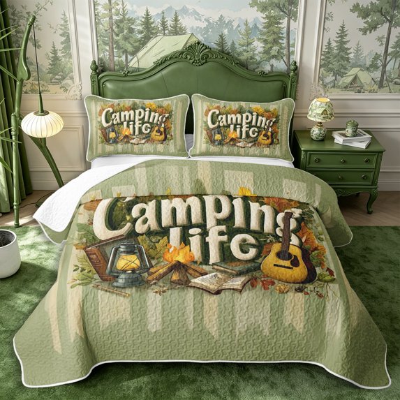 Manfei Music Guitar Quilt Full 3-Piece,Camping Life Full Bedspread Sets,Sage White,1 Coverlet and 2 Pillowcases