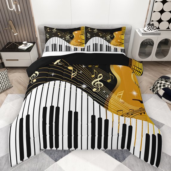 Manfei Music Instrument Piano Bedding Comforter Set,Musical Notes Twin Comforter Sets,Gold White Black Bedding Set For Kids,Luxury Bedroom Decor Reversible,2pcs