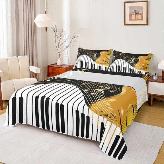 Manfei Music Instrument Piano Queen Sheet Sets,Musical Notes Flat Sheet,Gold White Black Queen Fitted Sheet For Kids,Luxury Bedroom Decor,4 Pieces