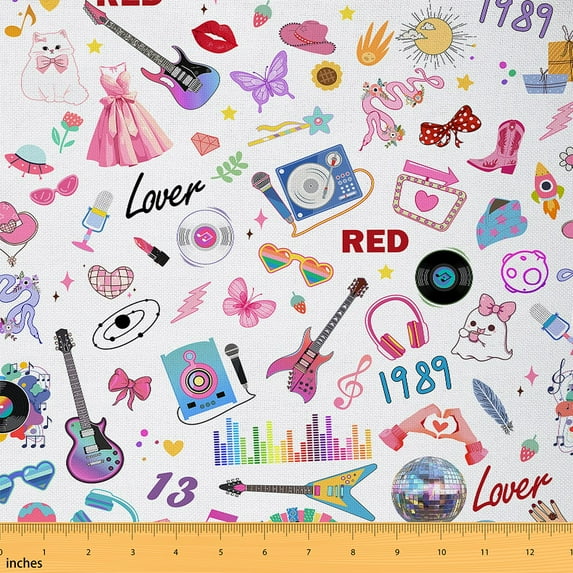 Manfei Music Lovers Fans Fabric by the Yard (10 Yards) for Girls, Electric Guitar Decorative Fabric by the Yard, Disco Dress Microphone Headset DIY Fabric