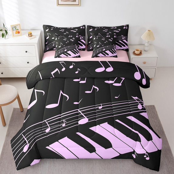 Manfei Music Melody Twin Bedding Sets 7pcs,Musical Theme Bedding Comforter Set 7pcs,Pink Black Piano Sheet Sets For Girl,Uper Cozy Bedroom Decoration Reversible