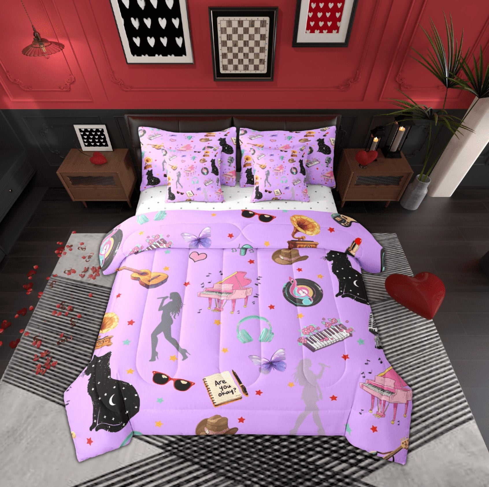 Manfei Music Themed Bedding Comforter Set 7Piece,Pinao Guitar