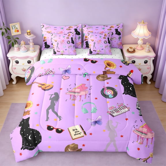 Manfei Music Themed Twin Bedding Sets 7-Piece,Pinao Guitar Phonograph Bedding Comforter Set,Colorful Flower Stars Sheet Sets For Girls Teens,Super Cozy Room Decor
