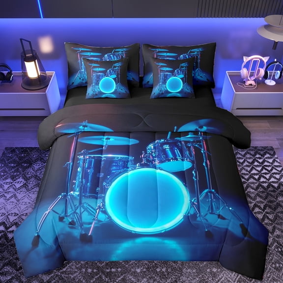 Manfei Musical Drum Kit 7-Piece Bedding Comforter Set,Rock Music King Bedding Sets,Blue Black Bed Sheets For Teens,Microfiber Bedroom Decor Reversible