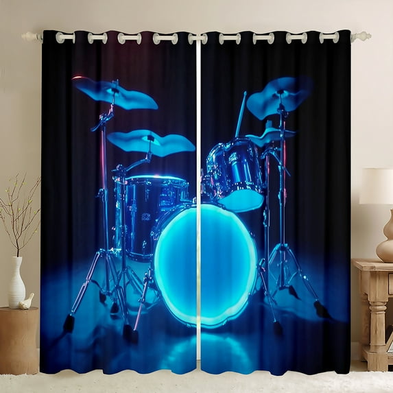 Manfei Musical Drum Kit Curtains Pack of 2 (42x84 Each),Rock Music Curtains Blackout,Blue Black Bedroom Curtains For Teens,Microfiber Bedroom Decor