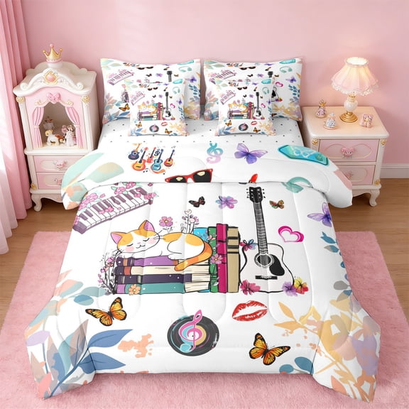 Manfei Musical Electric Guitar Bedding Comforter Set 7pcs,Cartoon Kitten Butterfly Queen Bedding Sets,Valentines Day Gift Queen Sheet Sets For Teens,Breathable Home Decor