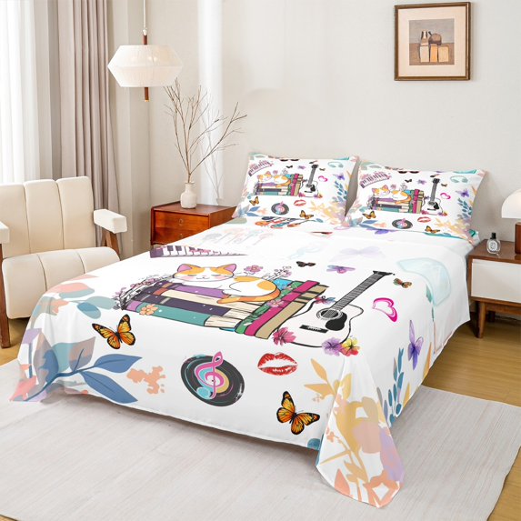 Manfei Musical Electric Guitar Twin Sheet Sets,Cartoon Kitten Butterfly Twin Fitted Sheet,Valentines Day Gift Flat Sheet For Teens,Breathable Home Decor,3 Pieces