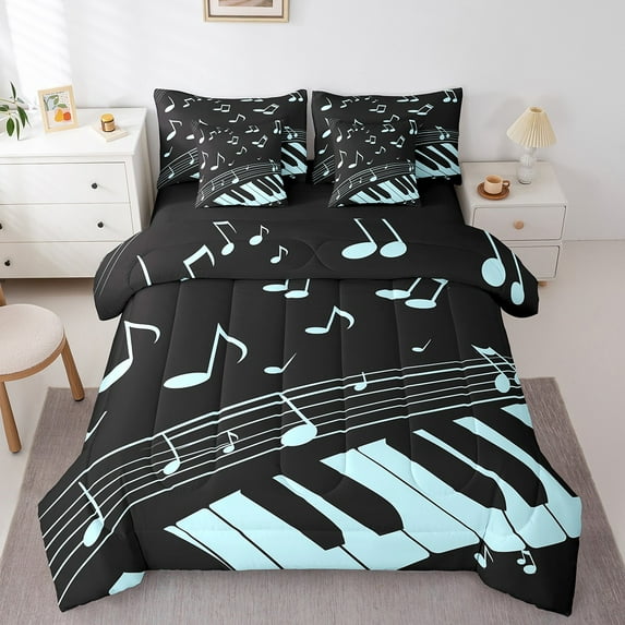 Manfei Musical Note Bedding Comforter Set 7-Piece,Music Instrument Piano Queen Bedding Sets,Blue White Black Queen Sheet Sets,Ultra Soft Room Decorative Reversible