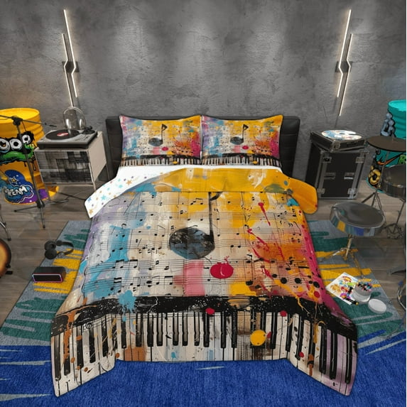 Manfei Musical Note Child Bedding Comforter Set, Watercolor Graffiti Art Twin Comforter Sets, Pop Country Music Reversible Bedding Set, Lightweight Room Decor, 2-Piece
