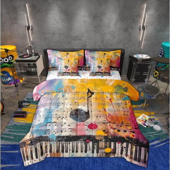 Manfei Musical Note Child Twin Bedding Sets 7-Piece, Watercolor Graffiti Art Bedding Comforter Set, Pop Country Music Reversible Sheet Sets, Lightweight Room Decor