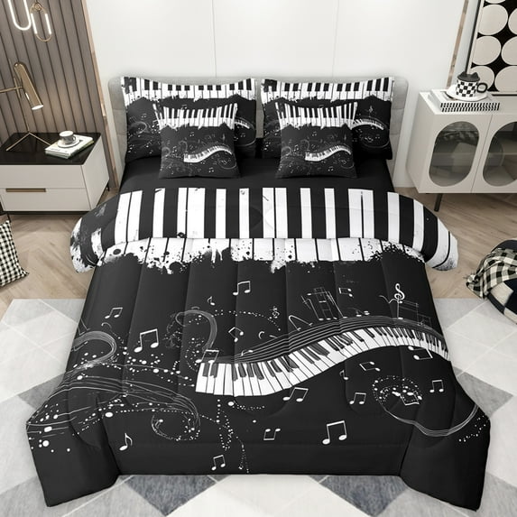 Manfei Musical Piano 7-Piece Bedding Comforter Set,Music Theme King Bedding Sets,Black Splash Ink Bed Sheets For Kids,Ultra Soft Home Decor Reversible