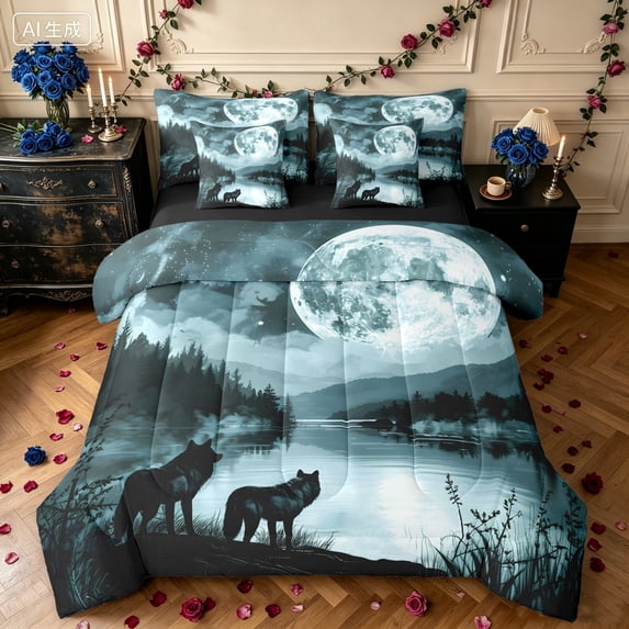 Manfei Mystic Animal Queen Bedding, Magical Wolf Bedding Comforter Set Queen, Teal White, Black Reversible, 7 Pieces