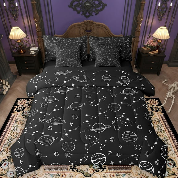 Manfei Mystic Astrology Kids 7-Piece Twin Bedding Sets, Outer Space Planet Bedding Comforter Set, Black White Cartoon Reversible Sheet Sets, Lightweight Room Decor