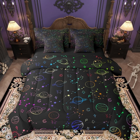 Manfei Mystic Astrology Kids 7 Pieces Bedding Comforter Set, Outer Space Planet Full Bedding Set, Black Blue Cartoon Reversible Fitted Sheet Flat Sheet, Breathable Home Decor