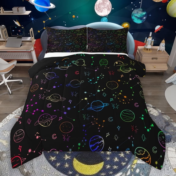 Manfei Mystic Astrology Kids Bedding Comforter Set, Outer Space Planet Twin Comforter Sets, Black Blue Cartoon Reversible Bedding Set, Breathable Home Decor, 2-Piece