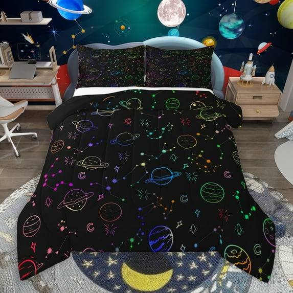 Manfei Mystic Astrology Kids Full Size Comforter Sets, Outer Space Planet Bedding Comforter Set, Black Blue Cartoon Reversible Bedding Sets, Breathable Home Decor, 3-Piece