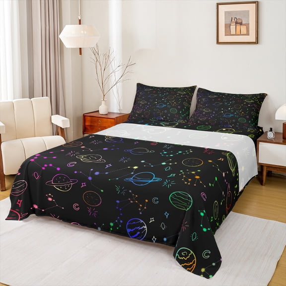 Manfei Mystic Astrology Kids Full Size Sheets, Outer Space Planet Bed Sheets, Black Blue Cartoon Sheet Sets, Breathable Home Decor, 4-Piece