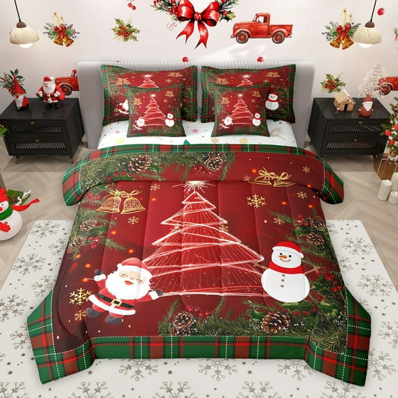 Manfei Mystic Christmas Tree Bedding Comforter Set 7pcs, Kawaii Santa Claus Snowman King Bedding Sets, Red Green Vintage Plaid Reversible Bed Sheets, Lightweight Room Decor
