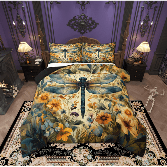 Manfei Mystic Hippie Dragonfly Queen Comforter Set for Kids, Rustic Groovy Floral Bedding Sets, Tribal Bohemian Style Reversible Bedding Comforter Set, Breathable Home Decor, 3 Pieces