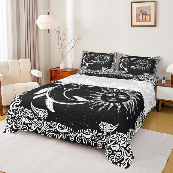 Manfei Mystic Moon Sun Bed Sheets, Black White Damask Floral King Sheets, Vintage Bohemian Style Sheet Set, Lightweight Room Decor, 4-Piece