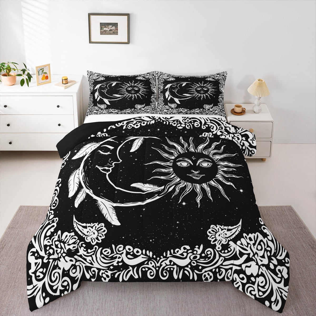 Manfei Mystic Moon Sun Queen Comforter Set, Black White Damask Floral ...