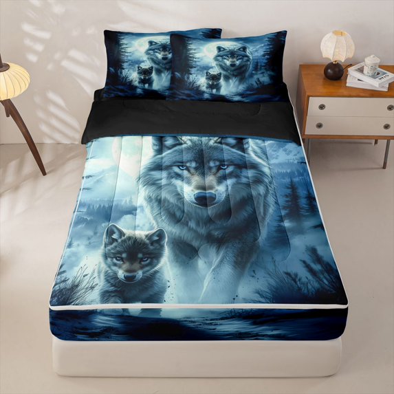 Manfei Mystic Moon Wolf Zipper Full Size Comforter Sets with Fitted Sheet and 2 Pillowcases,Calm Woodland Zipper Bedding Set,Navy Blue,Black Reversible,4pcs