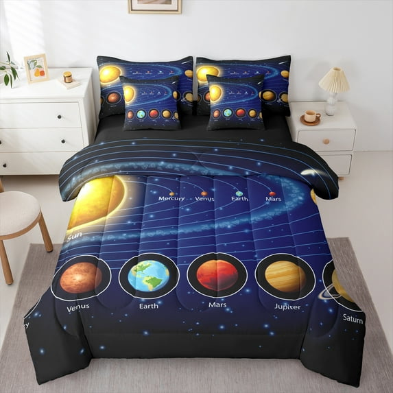 Manfei Mystic Outer Space Twin Bedding Sets 7-Piece for Kid, Planet Lines Stripes Bedding Comforter Set, Stars Starry Sky Reversible Sheet Sets, Lightweight Room Decor