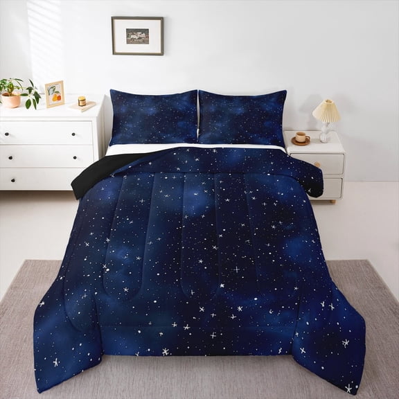 Manfei Mystic Starry Sky Full Size Comforter Sets for Kid, Glitter Stars Print Bedding Comforter Set, Outer Space Style Reversible Bedding Sets, Breathable Home Decor, 3pcs