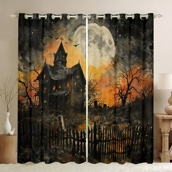 Manfei Mystic Western Castle Blackout Curtains Set of 2 (52x84 Each), Gothic Halloween Style Window Curtains, Teens Kids Child Curtains and Drapes, Curtains and Drapes Bedroom Decor