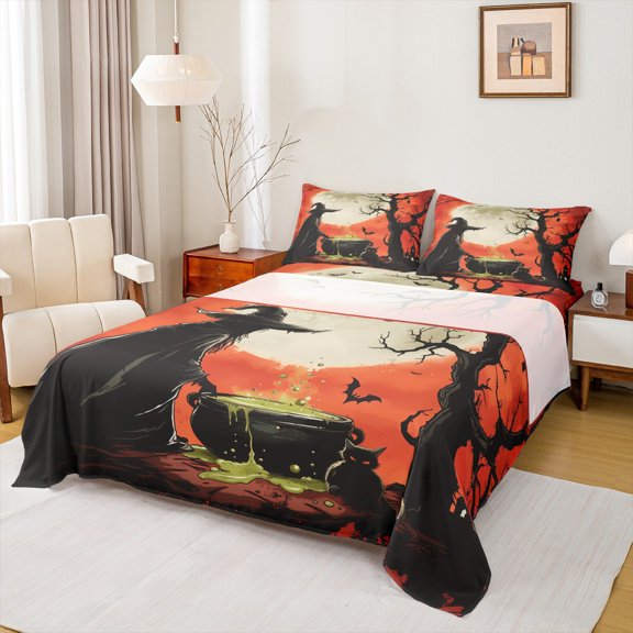 Manfei Mystic Western Witch Queen Sheet Sets, Gothic Halloween Style Flat Sheet, Teens Kids Child Queen Fitted Sheet, Luxury Bedroom Decor, 4-Piece