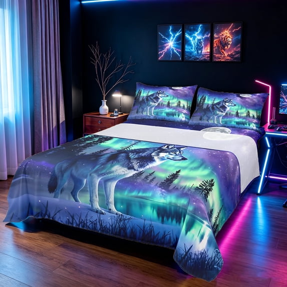 Manfei Mystic Wildlife King Sheets, Aurora Jungle Wolf Bedding, Blue Cyan, 4pcs, 1 Flat Sheet, 1 Fitted Sheet and 2 Pillowcases